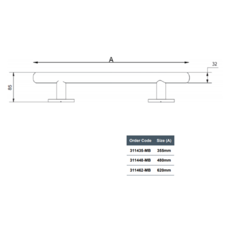 Black Straight Grab Rail 355 x 32mm - Nymas