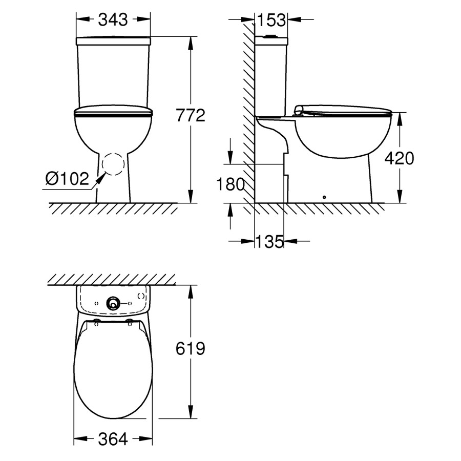 Close Coupled Rimless Toilet with Soft Close Seat - Grohe Bau Closed Back