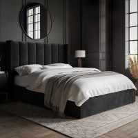 ONLY OPENED - Black Velvet King Size Ottoman Bed with Winged Headboard - Maddox