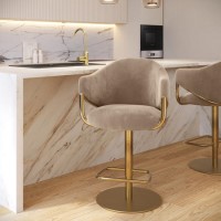 ONLY OPENED - Beige Velvet Adjustable Swivel Bar Stool with Gold Base - Ronnie