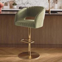 ONLY OPENED - Curved Sage Matt Velvet Adjustable Swivel Bar Stool with Gold Base - Runa