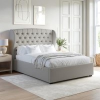 ONLY OPENED - Grey Fabric King Size Ottoman Bed with Winged Headboard - Safina
