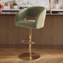 ALMOST PERFECT - Curved Sage Green Velvet Adjustable Swivel Bar Stool with Gold Metal Base - Runa