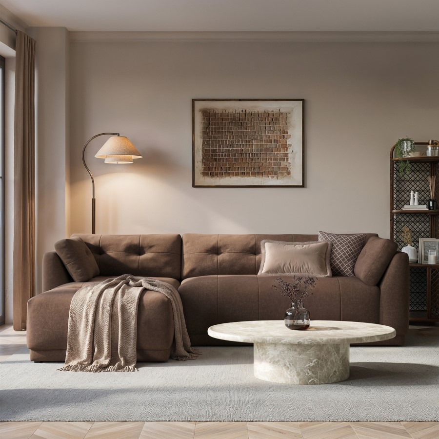 Brown Fabric 4 Seater Left-Hand Chaise L-Shape Corner Sofa - Arden