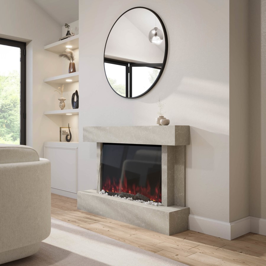 Stone Effect Freestanding 44 Inch Electric Fire with Logs and Pebbles - AmberGlo