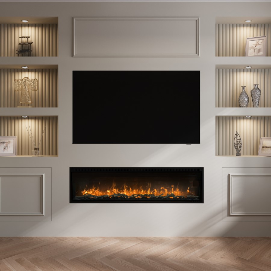GRADE A3 - Black Slimline Inset Electric Media Wall Smart Fire Place - 60 Inch - AmberGlo