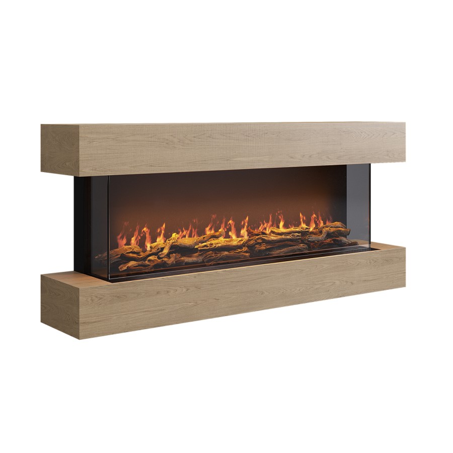 Oak Media Wall Mounted 3-Sided Electric Fireplace with Logs - 55 inch - AmberGlo