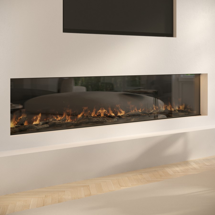 Black 3-Sided Inset Electric Media Wall Smart Fire Place - 80 Inch - AmberGlo