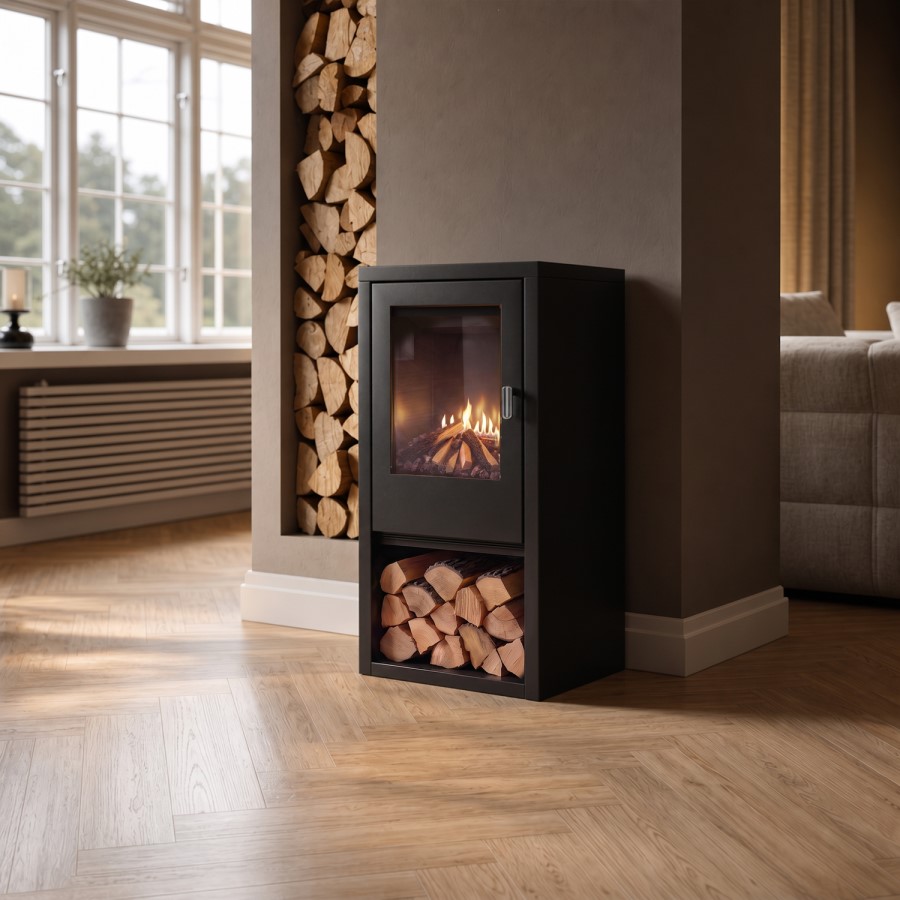 Freestanding 1.8kW Electric Log Burner Style Stove in Black with Log Store - AmberGlo