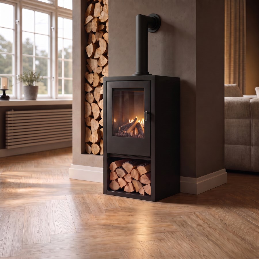 Freestanding 1.8kW Electric Log Burner Style Stove in Black with Log Store - AmberGlo