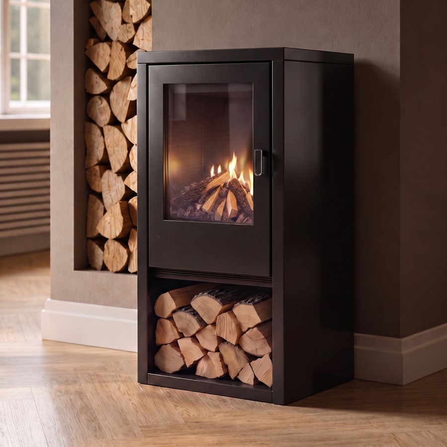 Freestanding 1.8kW Electric Log Burner Style Stove in Black with Log Store - AmberGlo
