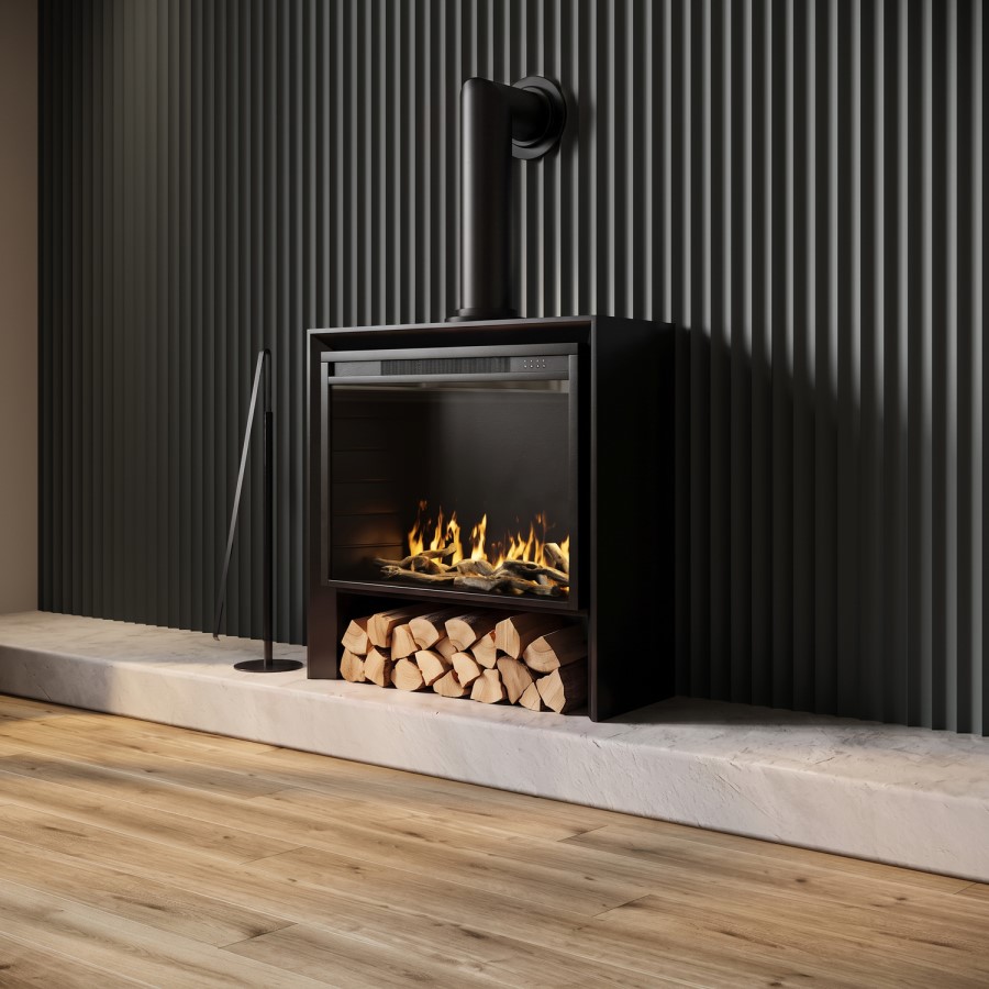 Freestanding 1.8kW Wide Electric Log Burner Style Stove in Black with Log Store - AmberGlo