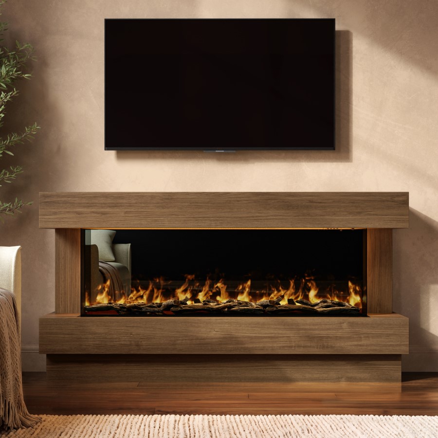 Freestanding Walnut 3-Sided Electric Fire with Logs - 60 Inch - AmberGlo