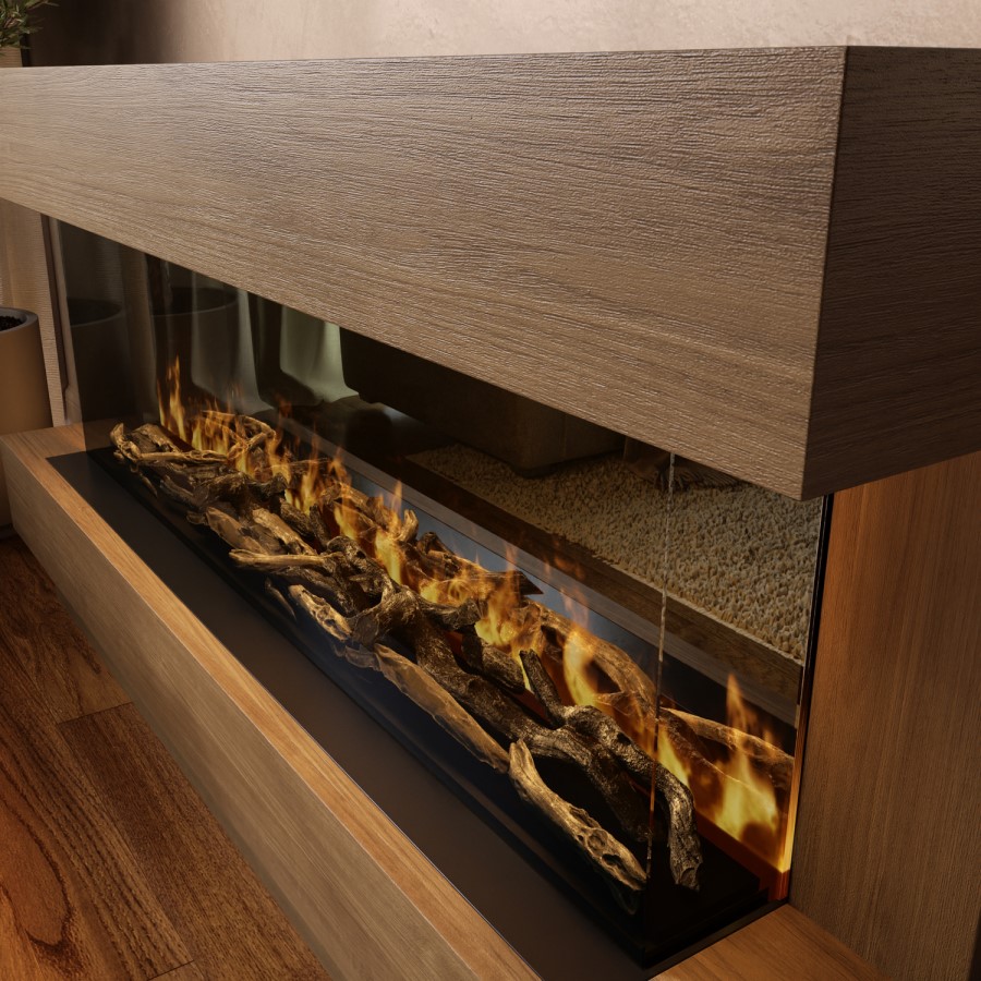 Freestanding Walnut 3-Sided Electric Fire with Logs - 60 Inch - AmberGlo