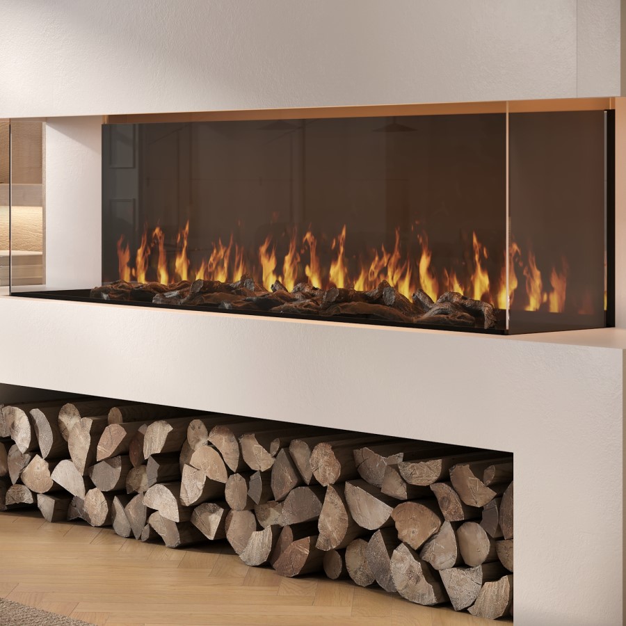 Self Build Media Wall with Black 3-Sided Inset Electric Fire with Log Store - 50 Inch - AmberGlo