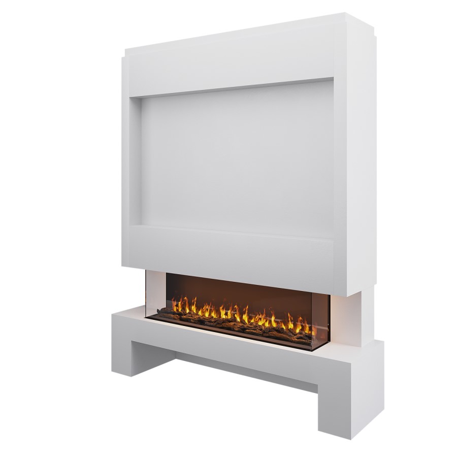 Self Build Media Wall with Black 3-Sided Inset Electric Fire with Log Store - 50 Inch - AmberGlo