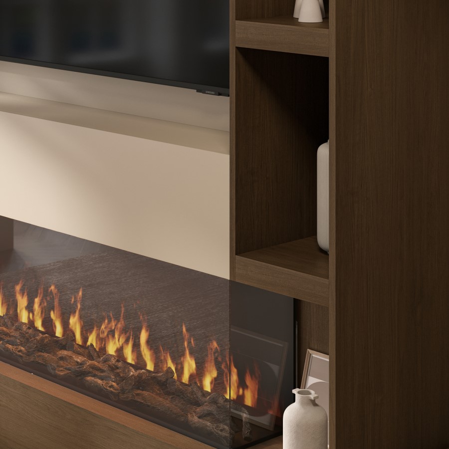 Self Build Walnut Media Wall with Black 3-Sided Inset Electric Fire with Shelving - 50 Inch - AmberGlo