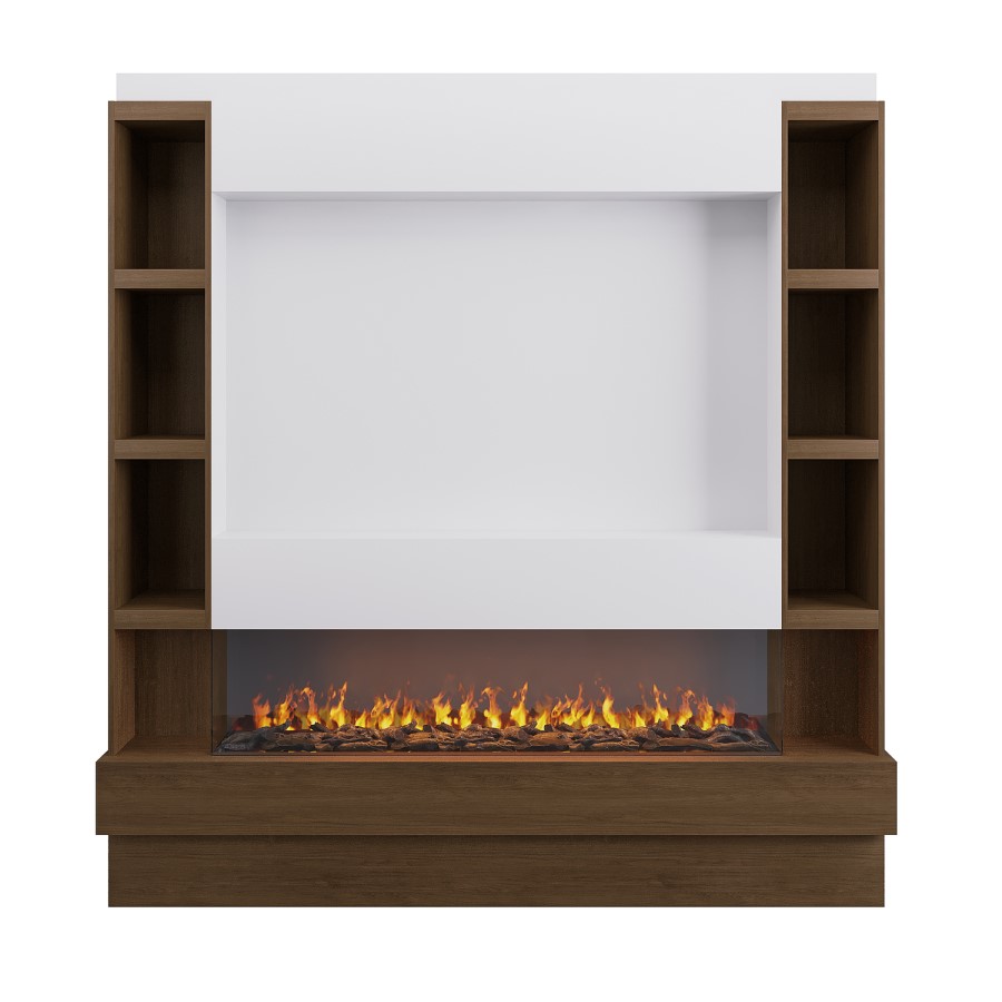 Self Build Walnut Media Wall with Black 3-Sided Inset Electric Fire with Shelving - 50 Inch - AmberGlo