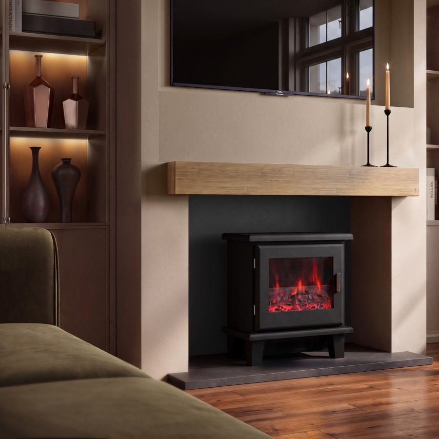 Self Build Media Wall with Electric Log Burner Stove with Oak Beam - AmberGlo