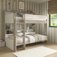 White and Oak Bunk Bed with Storage Shelves - Aire
