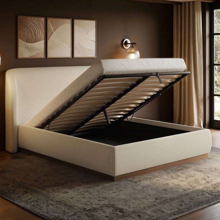 Cream Upholstered King Size Ottoman Bed with Curved Headboard - Adelyn