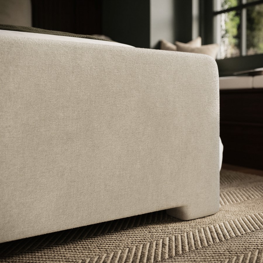 Beige Upholstered Double Ottoman Bed with Soft Curved Headboard and Footboard - Althea