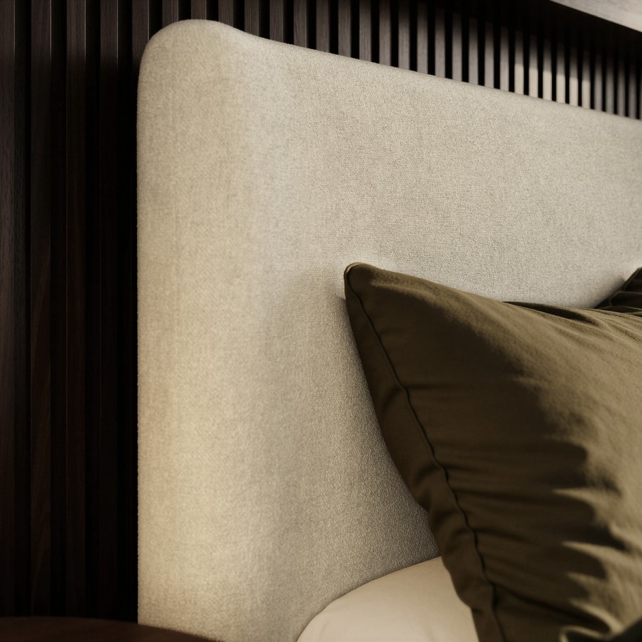 Beige Upholstered Double Ottoman Bed with Soft Curved Headboard and Footboard - Althea