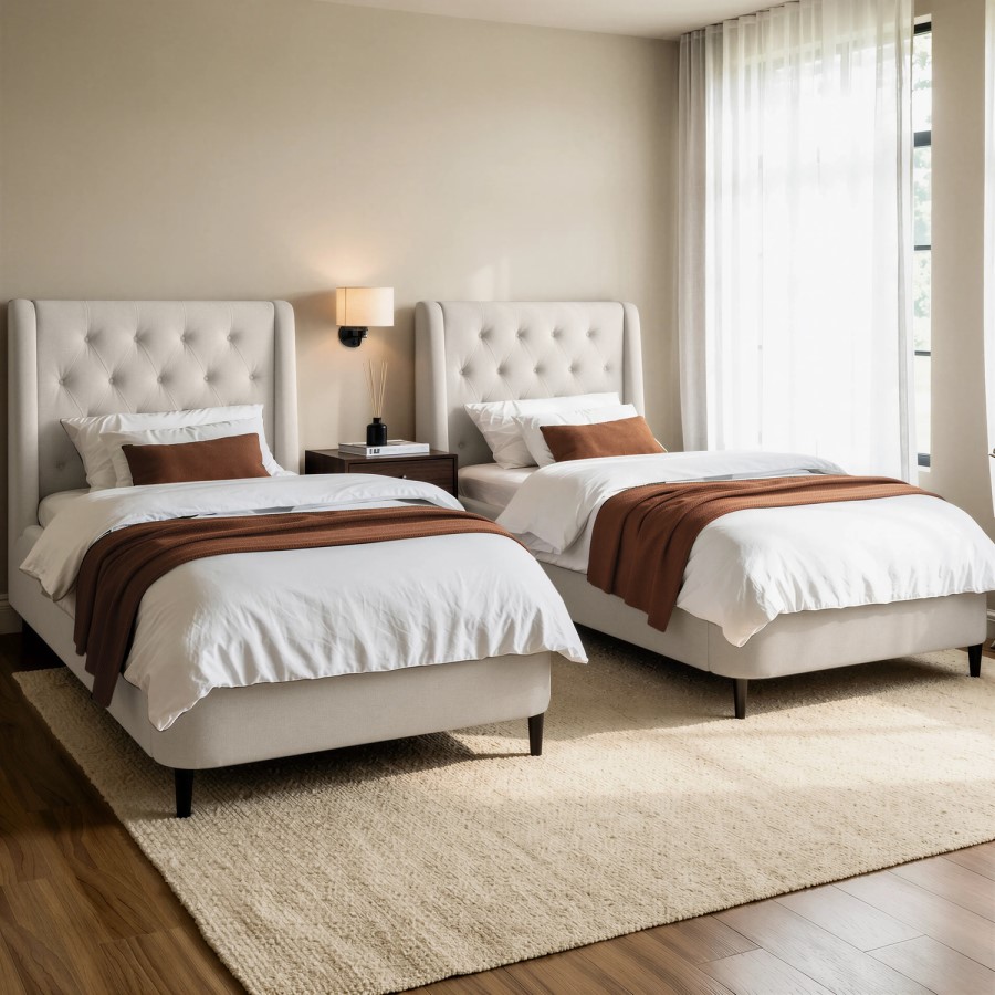 Cream Upholstered Single Ottoman Bed with Legs - Amara