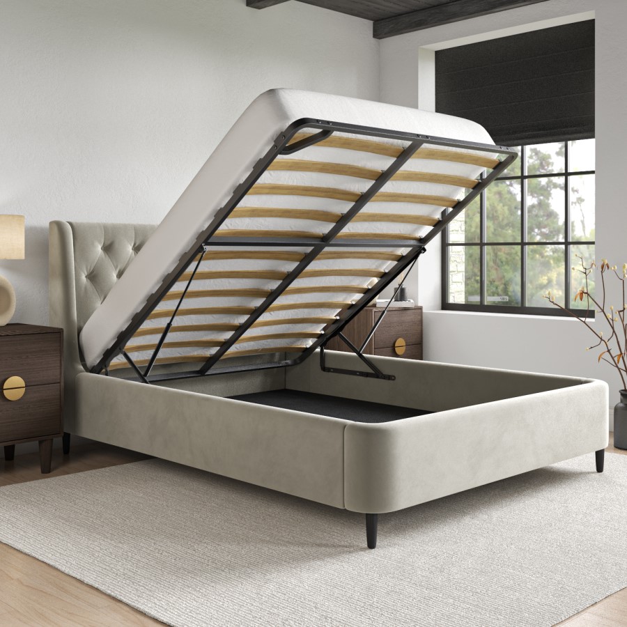 ONLY OPENED - Beige Velvet King Size Ottoman Bed With Legs - Amara