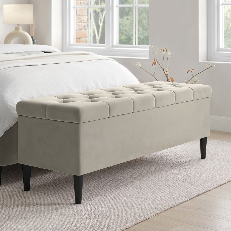 ONLY OPENED - Beige Velvet Super King Ottoman Bed With Legs - Amara