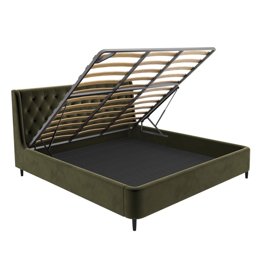 Olive Green Velvet Super King Ottoman Bed With Legs - Amara