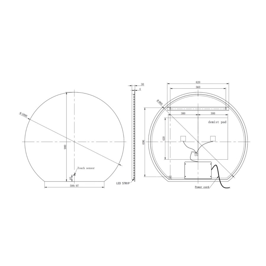 Half Circle Backlit Heated Bathroom Mirror with Lights 1000 x 900mm - Ara