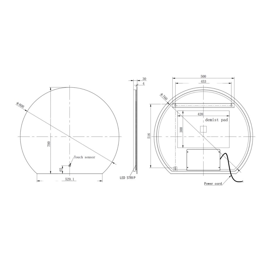 Half Circle Backlit Heated Bathroom Mirror with Lights 800 x 700mm - Ara