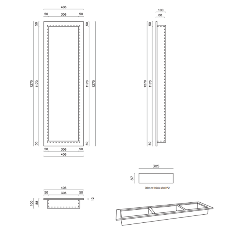 Tileable Shower Niche with Shelves 1270 x 406mm - Arissa