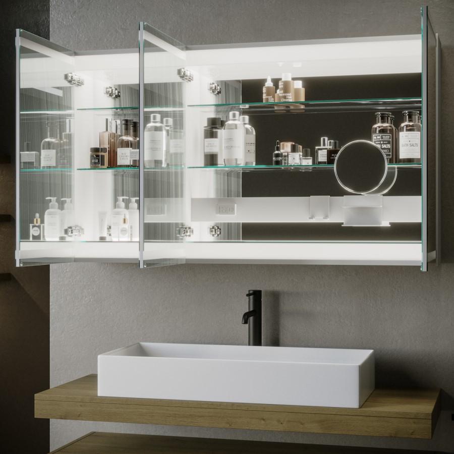 Triple Door Bathroom Mirror Cabinet with Lights Demister & Socket 1200 x 800mm - Artemis