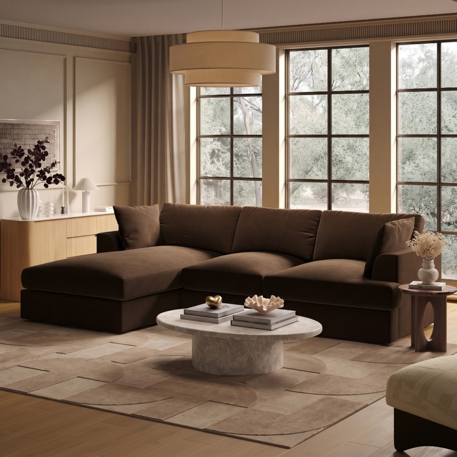 Large Chocolate Brown Velvet Left Hand 4 Seater Chaise Corner Sofa - August