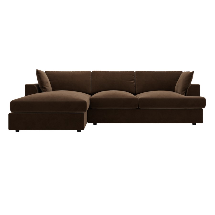 Large Chocolate Brown Velvet Left Hand 4 Seater Chaise Corner Sofa - August