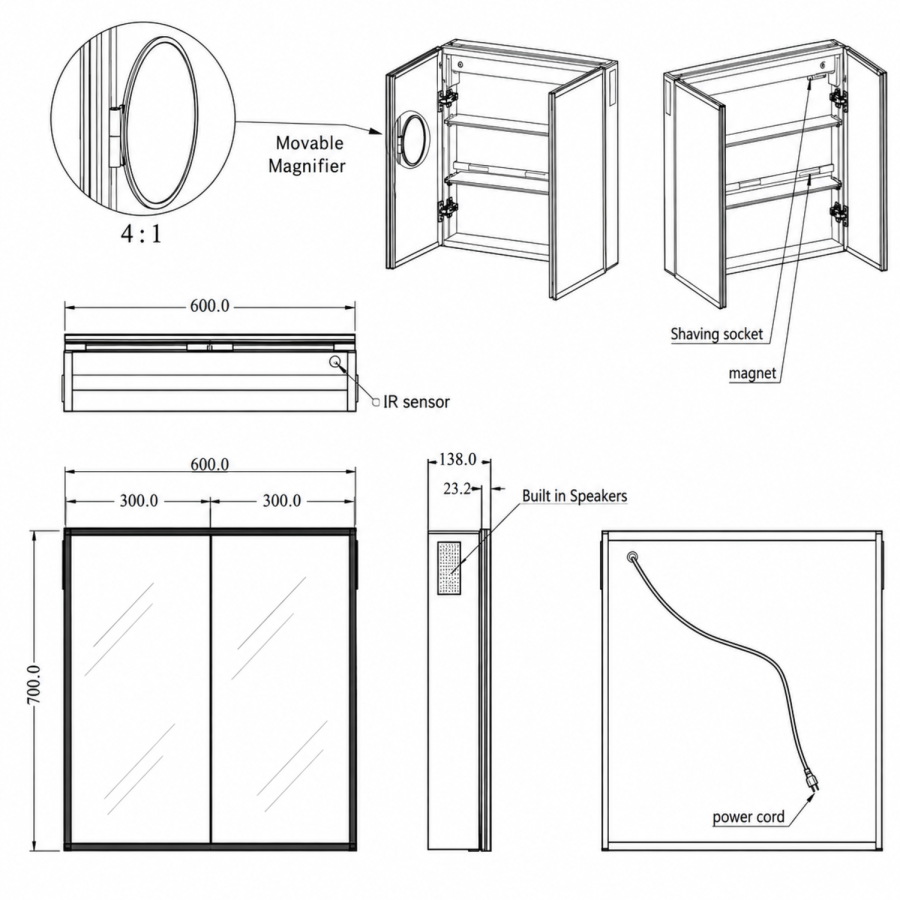Double Door Chrome Bathroom Mirror Cabinet with Lights, Bluetooth Speaker & Demister 600 x 700mm - Ursa