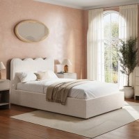 Cream Boucle Small Double Ottoman Bed with Scalloped Headboard - Boba