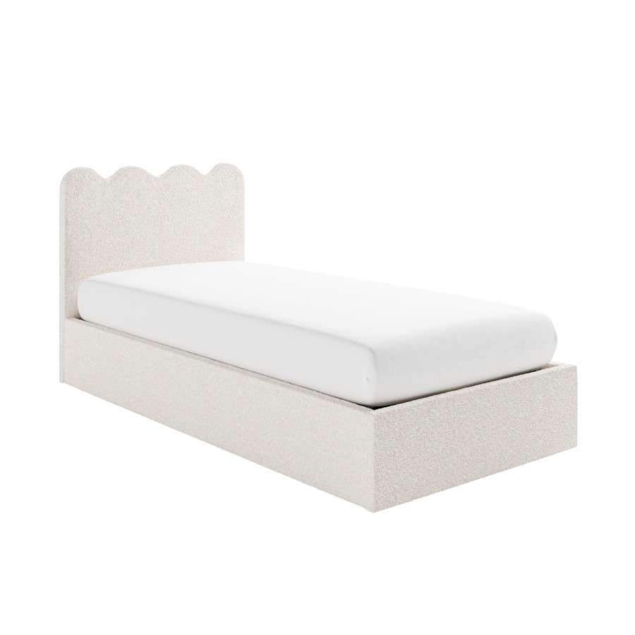 Cream Boucle Single Ottoman Bed with Scalloped Headboard - Boba