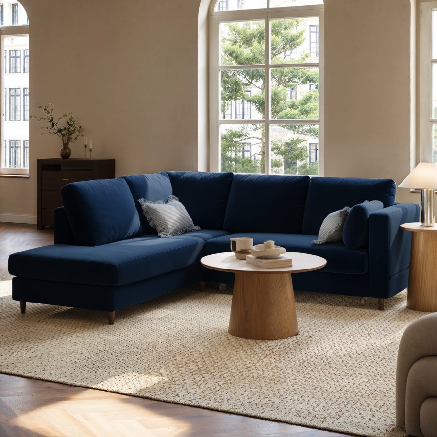 4 Seater Pull-Out Corner Sofa Bed with Storage in Navy Blue Velvet - Boe
