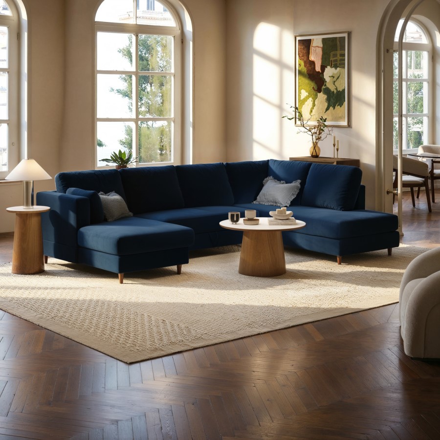 6 Seater Pull-Out U-Shape Sofa Bed with Storage in Navy Blue Velvet - Boe