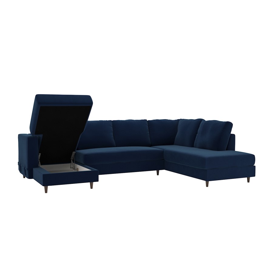 6 Seater Pull-Out U-Shape Sofa Bed with Storage in Navy Blue Velvet - Boe