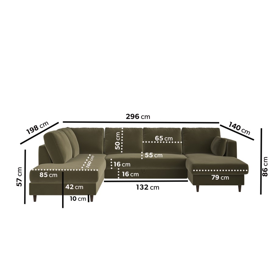 6 Seater Pull-Out U-Shape Sofa Bed with Storage in Olive Green Velvet - Boe