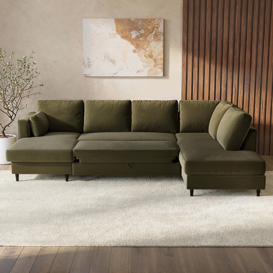 ALMOST PERFECT - 6 Seater Pull-Out U-Shape Sofa Bed with Storage in Olive Green Velvet - Boe