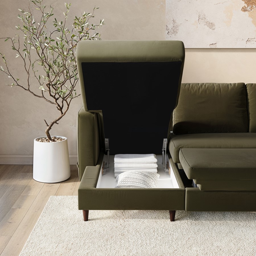 ALMOST PERFECT - 6 Seater Pull-Out U-Shape Sofa Bed with Storage in Olive Green Velvet - Boe