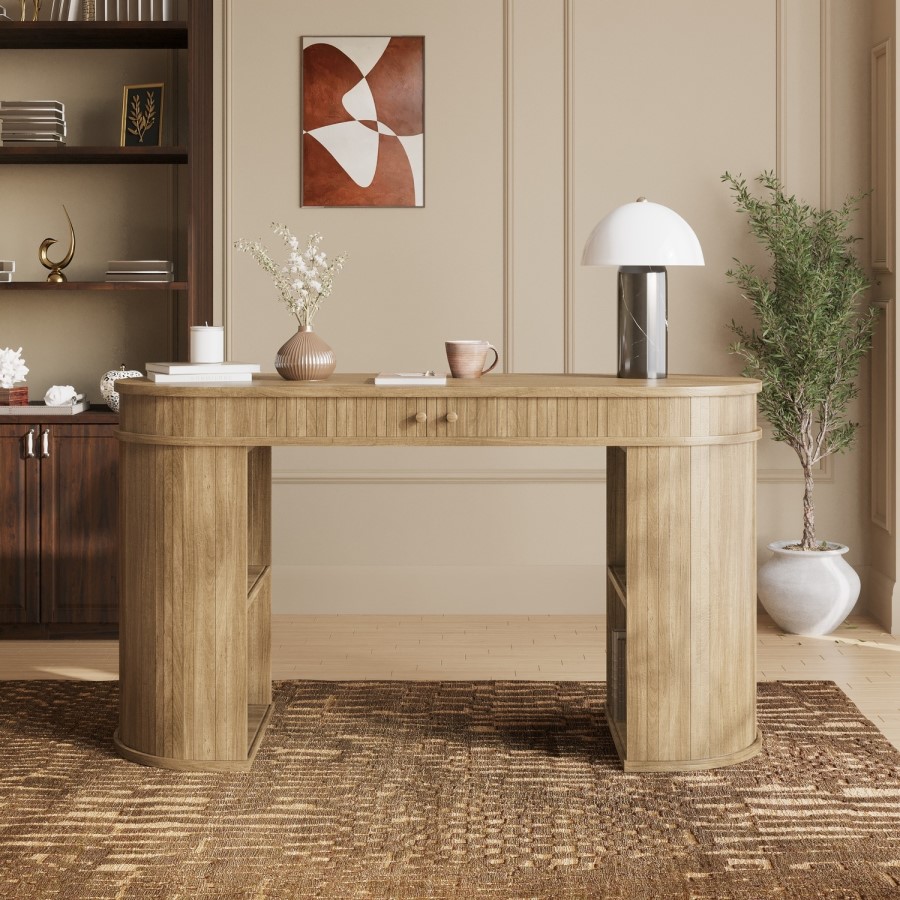 Oak Curved Office Desk with Sliding Doors - Breuer