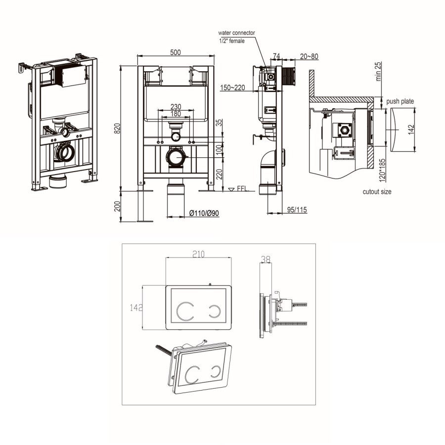 Wall Hung Rimless Toilet with Soft Close Seat, White Glass Sensor Flush Plate, 820mm Frame & Cistern – Alcor