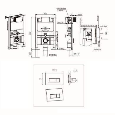 Wall Hung Rimless Toilet with Soft Close Seat, Brushed Brass Pneumatic Flush Plate, 820mm Frame & Cistern – Roma