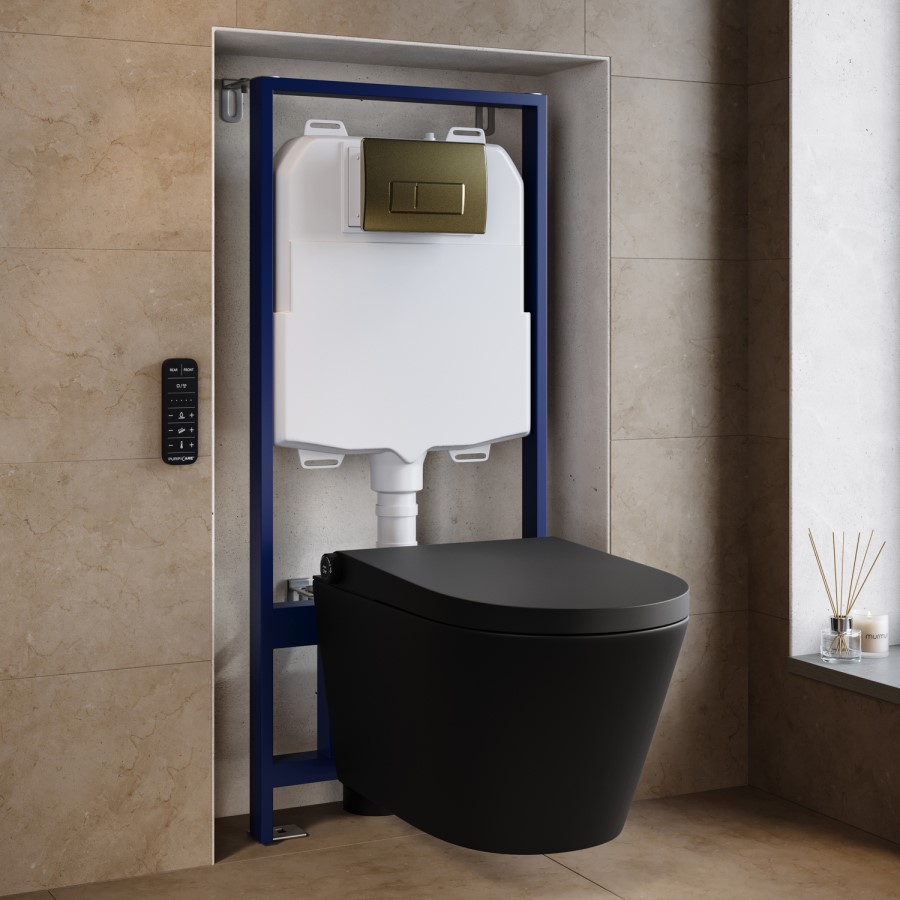 Matt Black Wall Hung Smart Bidet Japanese Toilet & 1160mm Frame Cistern with Brushed Brass Pneumatic Flush Plate - Purificare